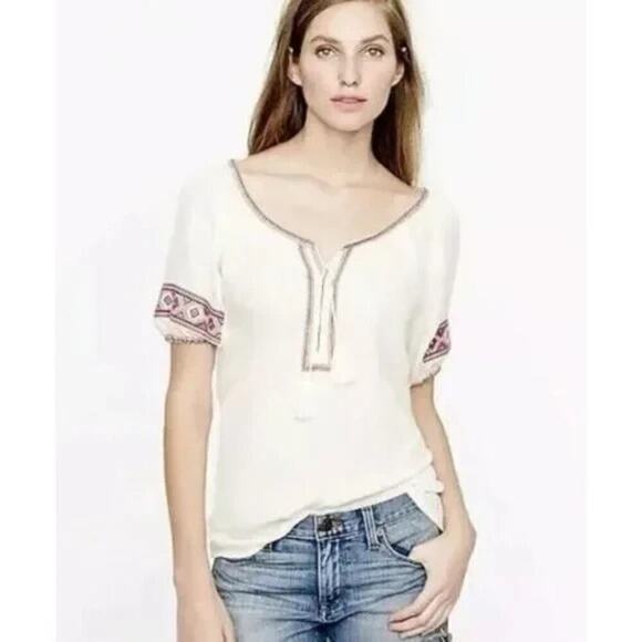J.CREW Tops - J. Crew Embroidered Gauze Peasant Tunic Top Cream Southwestern Boho Bohemian XS